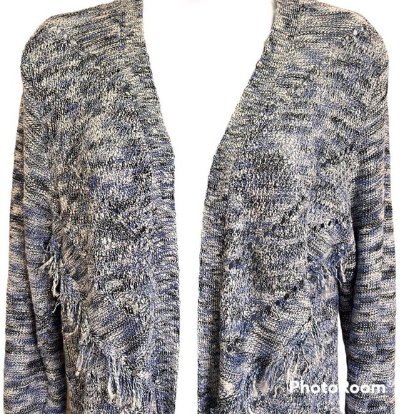 89th and Madison Cardigan Sweater Long Open Front Blue White Fringe Details - Picture 8 of 15
